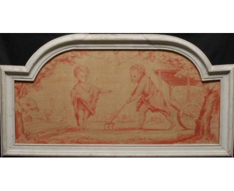 A pair of 18th century French architectural wainscote pictures, painted en camaieu with scantily clad putti in an Arcadian id