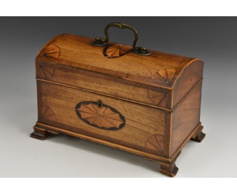 A George III crossbanded mahogany domed rectangular tea caddy, inlaid with batwing paterae, hinged cover with brass swan neck