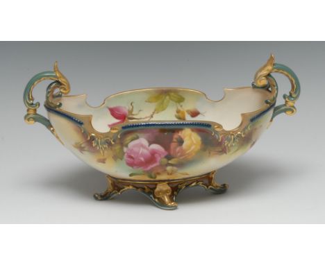 A Royal Worcester boat shaped two-handled flower trough, painted by R. Austin, signed, with English roses, scroll handles, sh