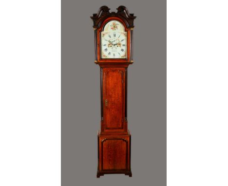 A George III Welsh oak and mahogany longcase clock, 32cm arched painted dial inscribed John Fernal, Wrexham, Roman and subsid