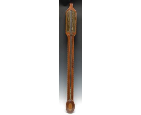 A George III design mahogany stick barometer, 8cm arched rectangular brass register inscribed Ransley, Sevenoaks, cistern cov