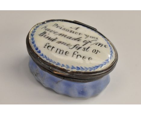 A George III South Staffordshire enamel snuff box, the hinged cover printed in black script with amorous verse, A Prisoner yo