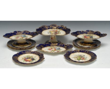 A 19th century dessert service, comprising eight shaped circular plates, three graduated comports and shaped oval dish, print