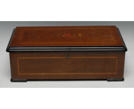 A Victorian rectangular walnut music box,  the cover inlaid with floral spray, Swiss movement, 46cm wide, c.1870 Condition Re
