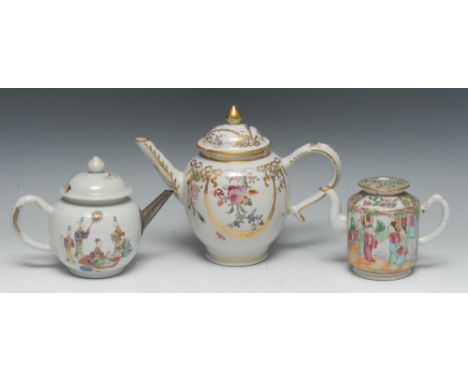 An 18th century Chinese Export porcelain and European mounted bullet-shaped teapot and cover, decorated in polychrome enamels