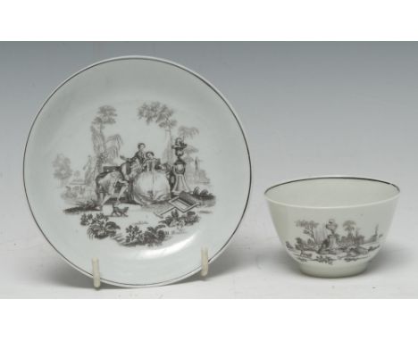 A Worcester teabowl and saucer, printed by Robert Hancock with L'Amour, signed RH, black line borders, c.1765 Condition Repor