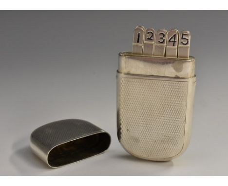 Shooting - a George V silver rounded rectangular butt marker, engine turned, push-fitting cover enclosing ten numbered batons