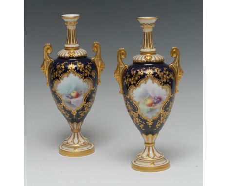 A pair of Royal Worcester two handled pedestal ovoid vases, painted by Frederick Chivers, signed, with apples and plums on a 