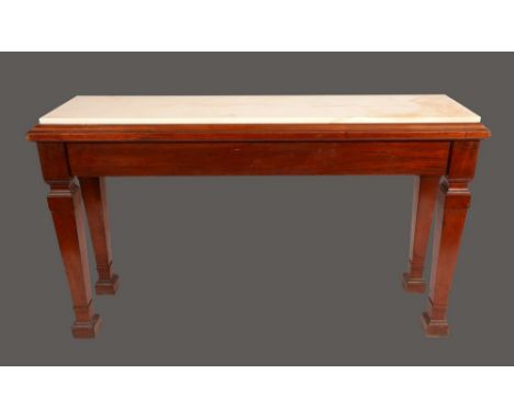 A George III style mahogany console table, marble top above a deep frieze, tapered square legs, block feet, 94cm high, 161cm 