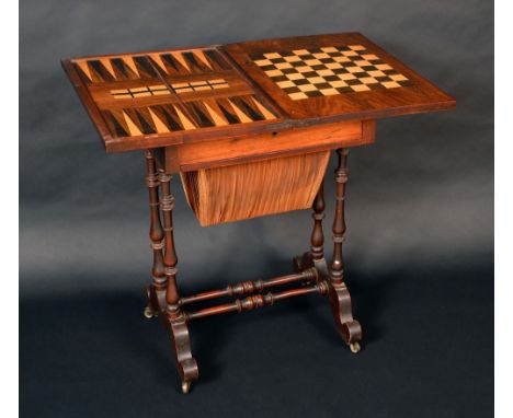 A Victorian walnut combination work and games table, rectangular folding top enclosing a plateau inlaid for cribbage, backgam