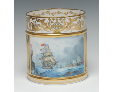 A Lynton porcelain porter mug, painted by Stefan Nowacki, signed, with a Dutch maritime harbour and choppy seas, cobalt blue 