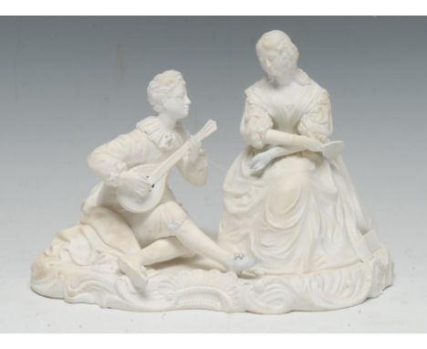 A Minton bisque figure group, of a musician seated playing a lute, a girl at her side, holding a fan, scroll oval base, 23cm 