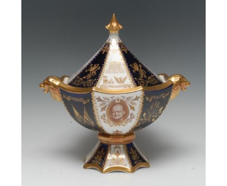 An Abbeydale The Churchill Vase, decorated with alternating cobalt blue and white bands and inscribed in gilt, lion mask hand