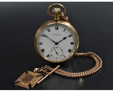 Stayte - a 9ct gold gentleman's open face pocket watch, white enamel dial,  Roman numerals, minute track, subsidiary seconds,