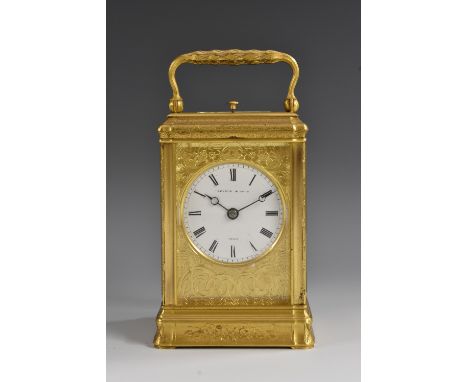 A 19th century French ormolu five-glass repeating carriage clock, 5cm slightly convex white enamel dial inscribed Bryson & So