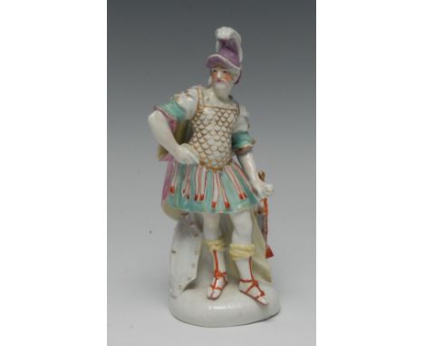 A Derby Patch Mark figure, of Mars as a centurion, he stands wearing a feathered helmet, chain mail uniform and sandals, his 