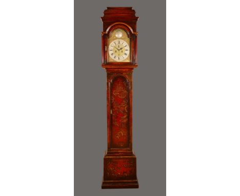 An early George II Japanned longcase clock, 30cm arched brass dial inscribed Thomas Cartwright, Principis, Horolgs (sic) Lond