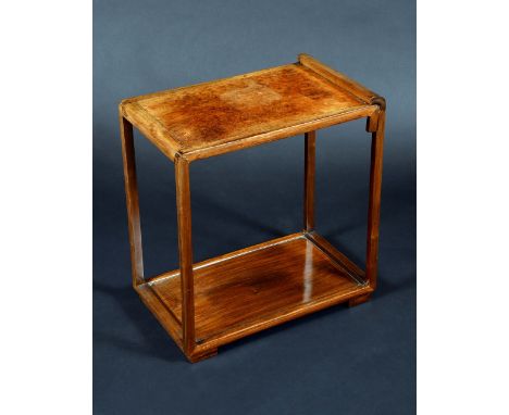 A Chinese burr and hardwood rectangular scroll-end jardiniere stand, panelled undertier, sledge feet, 52.5cm high, 48cm wide,