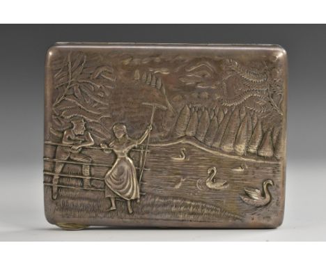 A Russian silver rounded rectangular cigarette case, hinged cover embossed with children beside a river, gilt interior, 11.5c