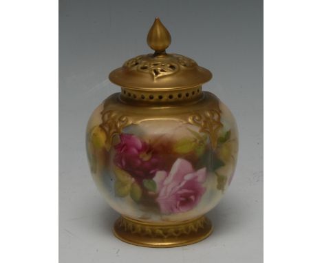 A Royal Worcester lobed ovoid pot pourri vase and cover, painted with red and pink cabbage roses, the shoulders with gilt ten