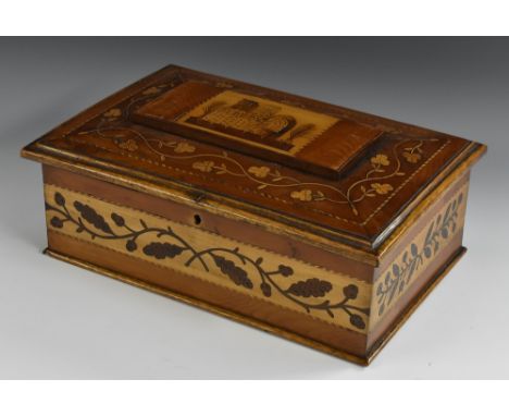 An Irish Killarney marquetry rectangular work box, inlaid with a view of the ruins of Muckross Abbey, County Kerry, within bo