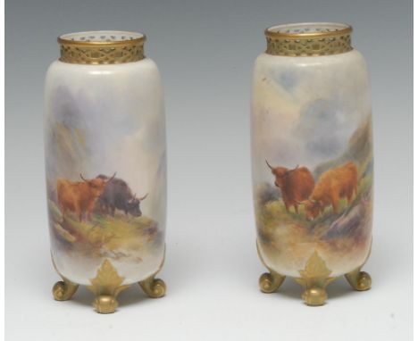 A pair of Royal Worcester ovoid vases, painted by Harry Stinton, signed, with Highland Cattle, to verso with moorland foliage