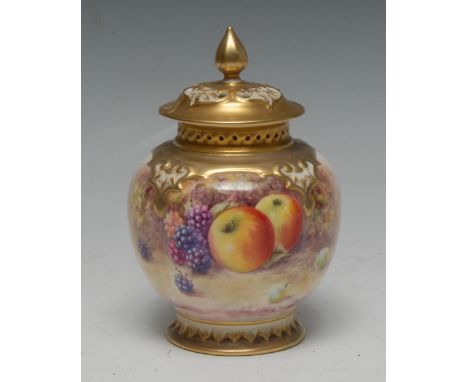 A Royal Worcester lobed ovoid pot pourri vase and cover, painted by G Ward, signed, with ripe apples and blackberries, pierce