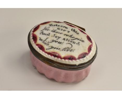 A George III South Staffordshire enamel patch box, the hinged cover printed in black script with amicable wishes, Esteem this