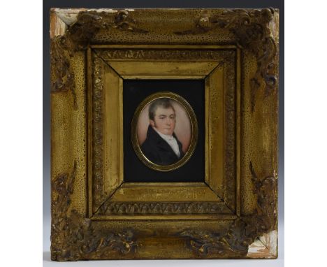 English School (early 19th century), a portrait miniature, of a gentleman, bust-length in profile, wearing a white stock and 