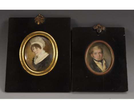 A Victorian portrait miniature, of a gentleman, head and shoulders, watercolour on ivory, 5.5cm x 4.5cm, ebonised frame; anot