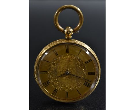 A late 19th century French 18ct gold cased lady's open face pocket watch, gilt floral chased and engraved dial, bold Roman nu