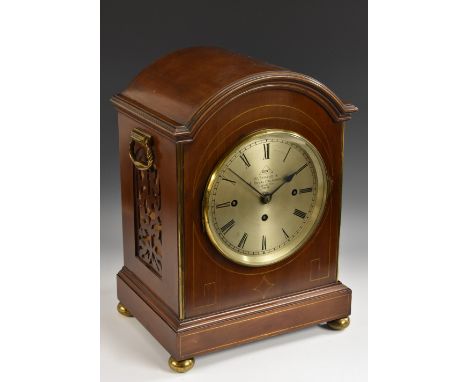 An Edwardian mahogany musical bracket clock, 18cm circular silvered dial inscribed Dent, 61 Strand &amp; 4 Royal Exchange, Lo
