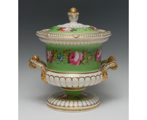 An English porcelain two-handled campana shaped wine cooler, cover and further inner cover, decorated with pink roses and oth