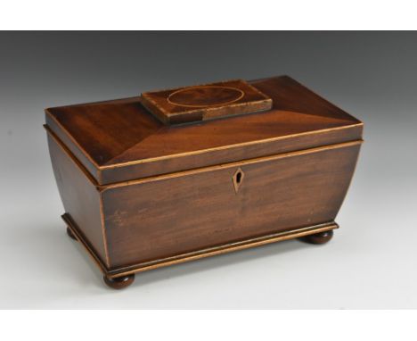 A George IV mahogany sarcophagus tea caddy, pylon-shaped hinged cover centred by a tablet inlaid with barber pole stringing, 