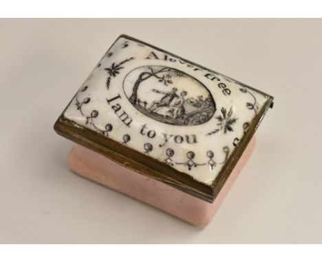 A George III South Staffordshire enamel rectangular patch box, the hinged cover transfer printed in black with a lady and her