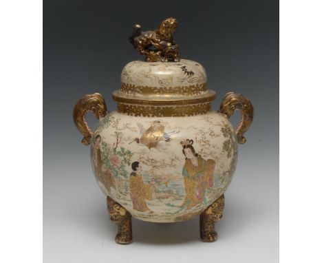 A Japanese Satsuma temple koro and cover, painted with typical scenes of lore and mythology in colourful tones, temple lion f