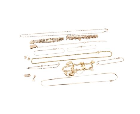 to include two gate link bracelets, a 9ct gold locket to a trace link chain, a double curb-link charm bracelet suspending var