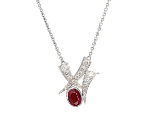 collet set with an oval-cut ruby, in a stylised surround set with graduated round brilliant-cut diamonds, to an integral 18ct