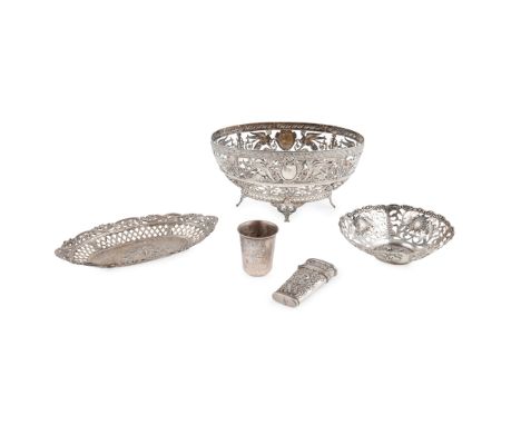 to include, a large sweetmeat dish, marked 800, of oval form, pierced throughout with mythological female figures and floral 