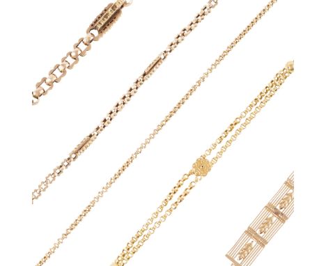 to include an Edwardian gold short fob chain modelled as four gate panels, suspension link and a long watch key with ratchet 