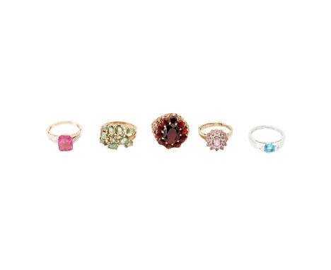 to include a 9ct gold garnet set cluster ring, a 14ct gold pink tourmaline and diamond set ring; a 9ct gold green tourmaline 