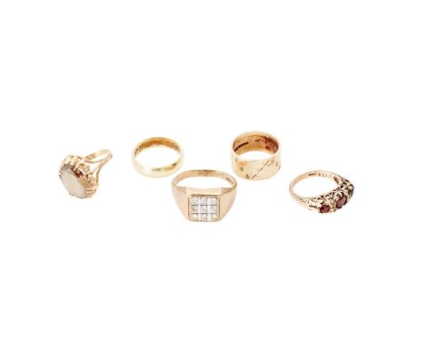 to include a 9ct gold ring with bright cut detail; a plain wedding band, stamped 585; a 9ct gold and colourless gem set ring,