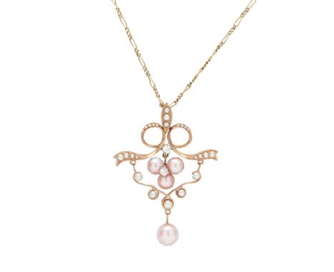 of tapering scroll form suspending various pink and white pearls, claw set with two round brilliant-cut diamonds to the centr