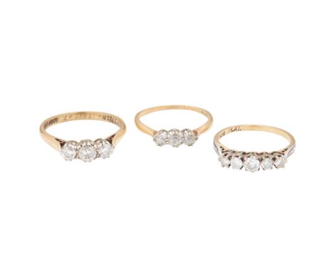 to include a five stone round brilliant-cut diamond set ring, stamped 18ct; a three stone round brilliant-cut diamond set rin