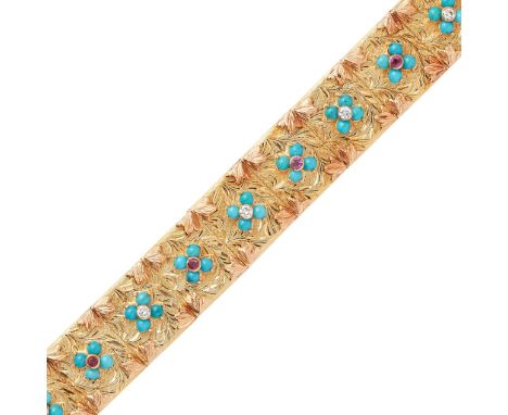 composed of fourteen rectangular links, each with engraved floral detail and claw set with a cluster of turquoise cabochons a