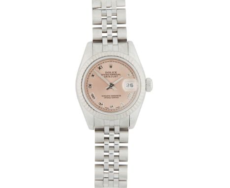 Oyster Perpetual Datejust, metallic pink dial, sweep second hand, date aperture, Roman numerals, screw down crown, faceted be