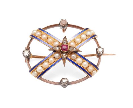 of open oval design, the cross motif set with seed pearls, blue enamel and a central round-cut ruby and rose-cut diamond star