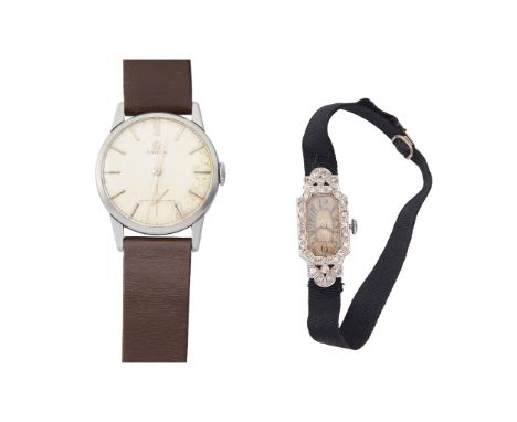 the rectangular dial with Arabic numerals, shaped diamond set rectangular case, silk ribbon strap, plated adjuster; together 