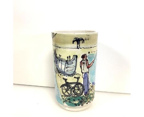 Glen Scouller R.S.W., R.G.I. (Scottish, b. 1950), Fisherman Pot, ceramic, painted with a fisherman and rowing boats, signed t