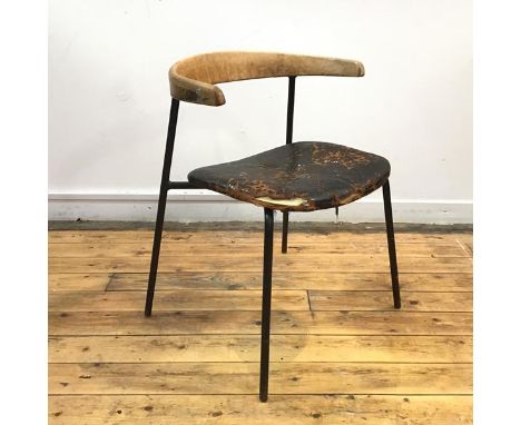 British: a light oak leather and steel desk chair, the hoop shaped back and padded seat suspended on a steel rod frame. 69cm 